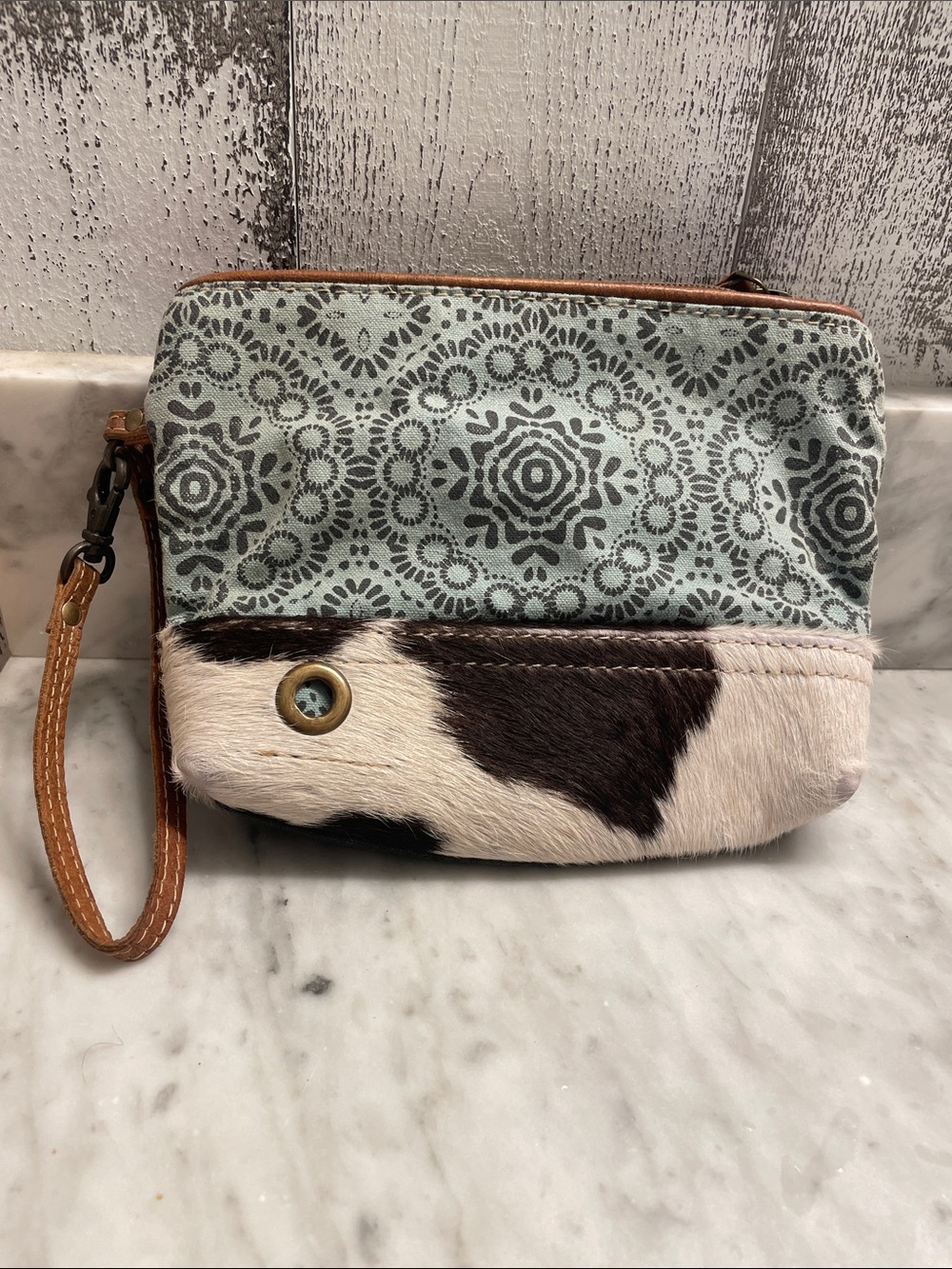 Boho Printed Wristlet Pouch with Cowhide Accent - Blue & Brown